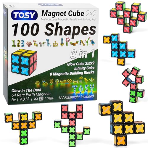 TOSY Magnet Cube 2x2 - 8 Blocks, 2in1 Toy: 2x2x2 Puzzle Cube and Customizable Infinity Cube, Easter Basket Stuffers Gifts for Kids/Grandkids, Glowing with UV Flashlight, Sensory/STEM Toy - color: Cube 2x2 (Single)