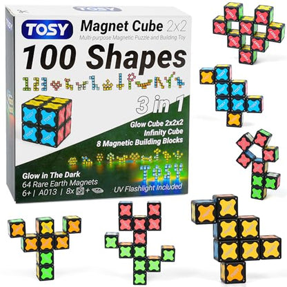 TOSY Magnet Cube 2x2 - 8 Blocks, 2in1 Toy: 2x2x2 Puzzle Cube and Customizable Infinity Cube, Easter Basket Stuffers Gifts for Kids/Grandkids, Glowing with UV Flashlight, Sensory/STEM Toy - color: Cube 2x2 (Single)