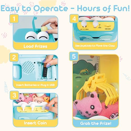 Claw Machine for Kids - Mini Arcade Game - Vending Machine - Candy Grabber Toys - Silent Mode, Lights, USB - Plush Toys & Easter Eggs, Surprise Stickers - Fun Gift for Kids, Boys & Girls (Dinosaur) - style: Dinosaur