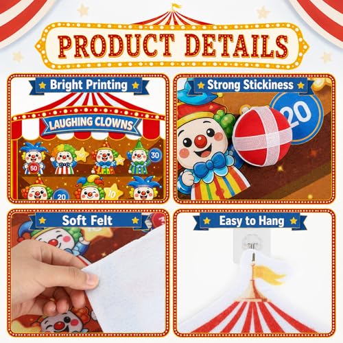 2 Pcs Dart Board with 12 Sticky Balls Theme Party Decorations Felt Cloth Toss Game for Family Games Birthday Party Outdoor Indoor Supplies(16.5 x 23.6 inches) - style: Circus Clown