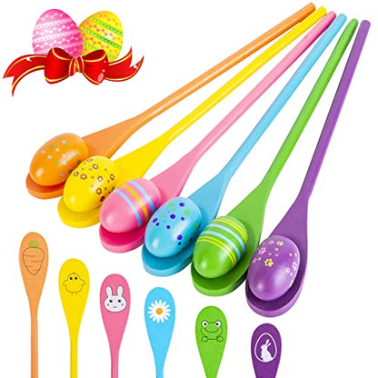 LYUBASA 12PCS Easter Egg and Spoon Race Game Set,6 Players, Easter Party Favor for Kids and Family Activity Lawn Games Party Supplies Outdoor Fun Games, Classroom Activities Easter Games