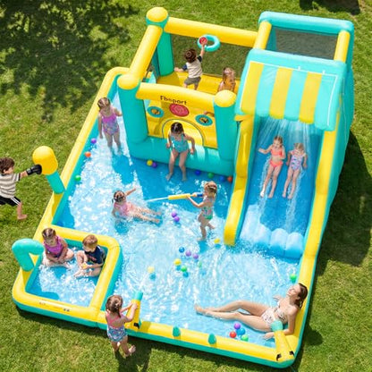 FBSPORT Inflatable Bounce House Water Slide, Widen Water Slide Park 10-in-1 Bounce House with 480W Blower, Jumping, Climbing, Splash Pool, Bouncy Castle for Kids 3-10 Backyard Party Outdoor Indoor