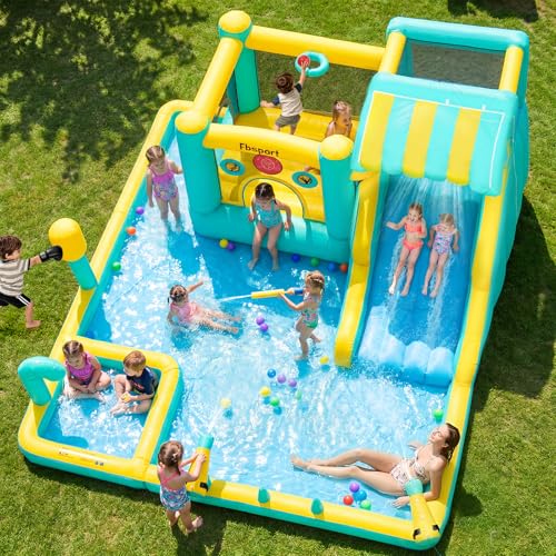 FBSPORT Inflatable Bounce House Water Slide, Widen Water Slide Park 10-in-1 Bounce House with 480W Blower, Jumping, Climbing, Splash Pool, Bouncy Castle for Kids 3-10 Backyard Party Outdoor Indoor