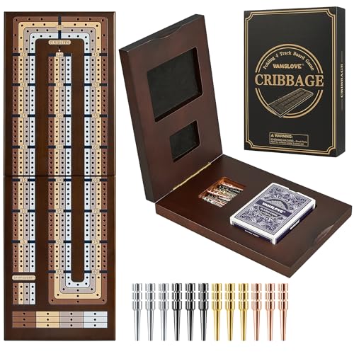 VAMSLOVE Upgraded Wooden 4-Track Cribbage Board Game 16 inches Foldable Magnetic Scoreboard with Large Slot for Storing 1 Playing Card and 12 Metal Pegs, Travel Family Game Night Instruction Included