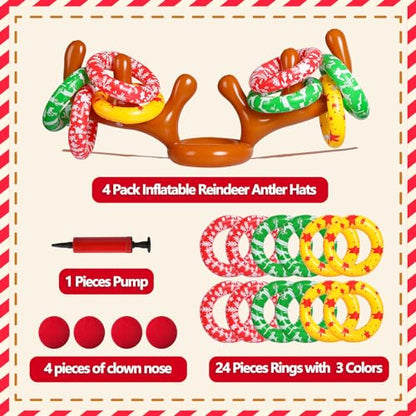 MGparty Christmas Inflatable Reindeer Antler Toss Games Xmas Ring Toss Game for Kids Teens Adults Indoor Outdoor Family Holiday Party Gifts - color: Brown-4 Pack