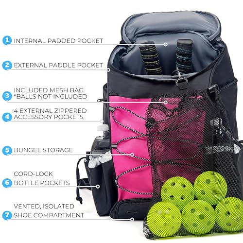 Athletico 35L Pickleball Backpack - Pickleball Bags for Men or Women Includes Pickleball Ball Holder - color: Pink