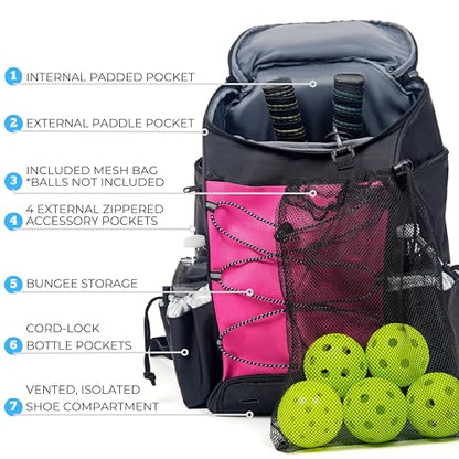 Athletico 35L Pickleball Backpack - Pickleball Bags for Men or Women Includes Pickleball Ball Holder - color: Pink
