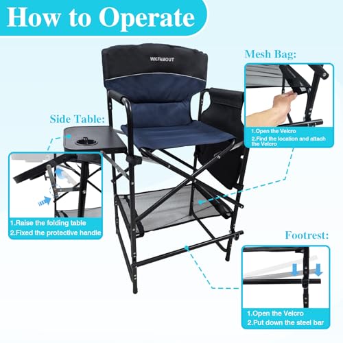 Tall Folding Director Chair 30.7" Seat Height Foldable Bar Stool for Makeup Artist Face Painting with Side Table Carry Bag and Cosmetic Bag Supports 350LBS - color: Navy-padded