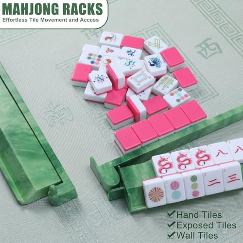 4 Pcs 18.7 Inch Acrylic Mahjong Tile Racks with Pushers for Game Night American Mahjong Racks Tile Set for Mah Jong Lovers and Beginners (Green Agate) - color: Green Agate