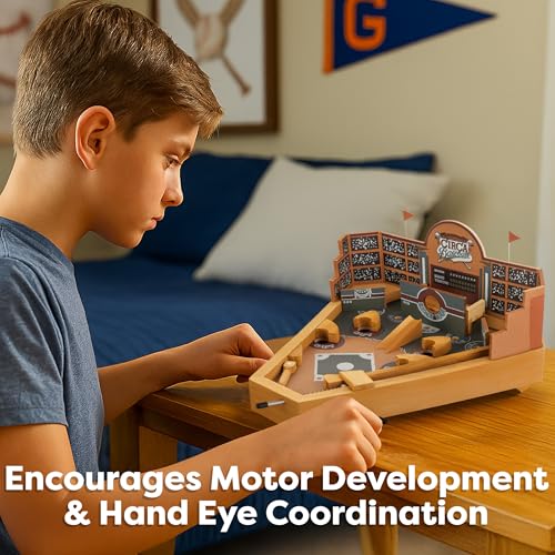 HEY! PLAY! 12-HY2070 Baseball Pinball Tabletop Skill Game - Classic Miniature Wooden Retro Sports Arcade Desktop Toy for Adult Collectors and Children