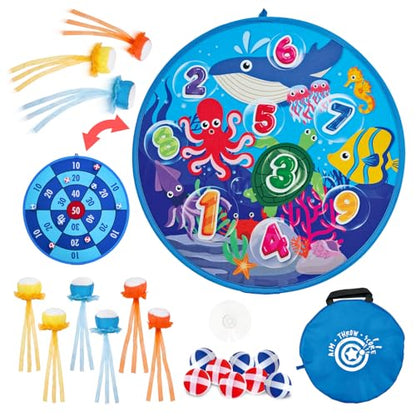 Grip Kids Number & Ocean Theme Double-Sided Dartboard Target Game – 26" Large Dart Board with Sticky Balls & Jellyfish Toss Balls, Indoor/Outdoor Gift Toy for Kids Ages 3–12