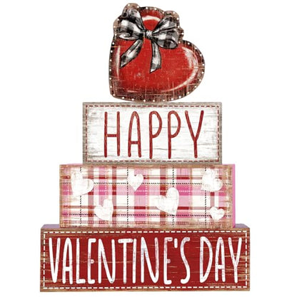 DIYDEC 4Pcs Valentine's Day Table Decoration Valentine Heart Wooden Block Signs Rustic Valentines Tiered Tray Decor Happy Valentine's Day Centerpiece Sign for Farmhouse Holiday Tabletop Party Decor - style: Valentine Heart