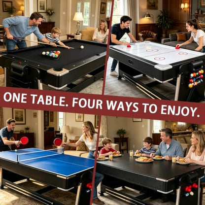 4-in-1 Multi Game Table – Pool Table,Air Hockey Table,Ping Pong Table & Dining Table Combo with Flip-Top Design,Includes Full Accessories.7ft Billiard Tables for Living Room,Bar,and Game Room. - color: Black