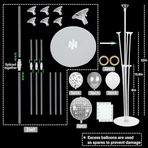 Disco Ball Party Balloons Stand Kit 2 Sets with 2 Silver 4D Discoball Foil Balloon Disco Ball Centerpiece for Tables 70s 80s 90s Dance Themed Birthday Graduation Decorations 2026 Prom Party Supplies - style: Silver Disco