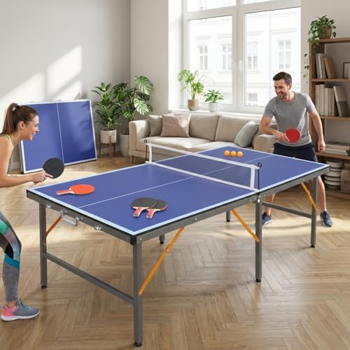 5ft Mid-Size Table Tennis Table, Foldable Portable Ping Pong Table Set with Net, 2 Paddles and 3 Balls for Indoor, Compact Space-Saving Design with Smooth Play Surface