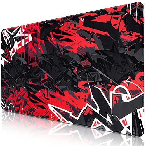 Canjoy Gaming Mouse Pad 31.5x15.8inch Extended XXL Large Mouse Pad Big Computer Keyboard Mouse Mat Desk Pad with Non-Slip & Rubber Base & Stitched Edge - color: Black Red