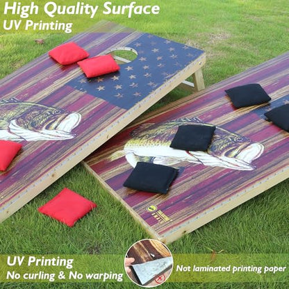 LED Cornhole Board Set 4FTx2FT Solid Wood Regulation Size Cornhole Set with LED Lights Includes 8 Cornhole Bags for Adults (USA Flag & Fish, 4'x2')
