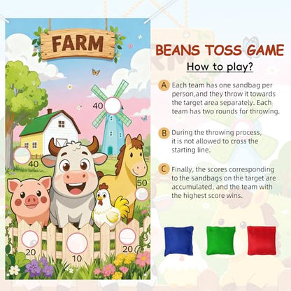 Farm Animals Toss Game Birthday Party Supplies Bean Bag Toss Game for Adults, Washable Heavy Duty Outdoor Indoor Throwing Theme Party Game Banner with 3 Bean Bags and 19.6ft String