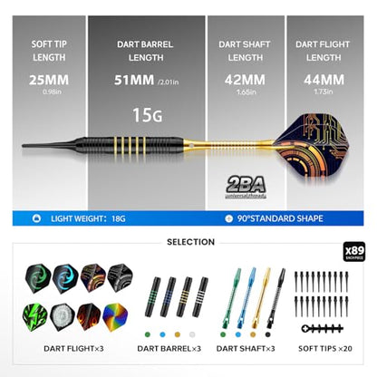 12Pcs Soft Tip Darts, 18 Gram Plastic Tip Dart Sets with 4 Color Aluminum Shafts 8 Style Flights, Replace the Dart Head, Ideal for Beginners & Pros Home/Bar/Competition
