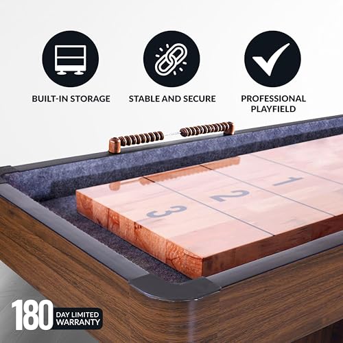 Hathaway Challenger Shuffleboard Table for Family Arcade Game Room - with Poly-Coated Playfield, Built-in Scorer & Cabinet, Climate Adjusters, Leg Levelers, 8 Pucks, Brush & Wax - Walnut Finish - size: 12-foot
