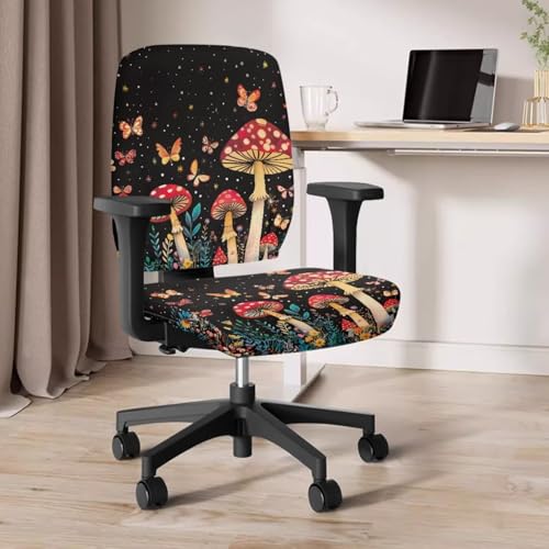 Butterfly Computer Chair Cover Desk Chair Arm Covers Mushroom Stretchy 4-Piece Set Whimsical Elastic Breathable Desk Chairs Covers Slipcovers for Home and Gaming Chairs - color: Mushroom Butterfly