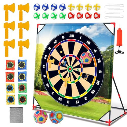Vitality Sports 4-in-1 Sport Game with Stand - Golf Target Battle Games with Putting Mat, 12 Sticky Balls, 6 Axes, 2 Soccer Balls, 8 Bean Bags, Axe Throwing Game for Backyard