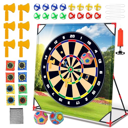 Vitality Sports 4-in-1 Sport Game with Stand - Golf Target Battle Games with Putting Mat, 12 Sticky Balls, 6 Axes, 2 Soccer Balls, 8 Bean Bags, Axe Throwing Game for Backyard