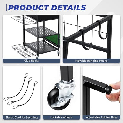 Golf Bag Organizer Storage Rack, Rolling Golf Storage Organizer for Garage, Golf Equipment Holder with Wheels, Turf Mat, Carbon Steel - size: 51.18 in (L) x 15.8 in (W) x 37.4 in (H）