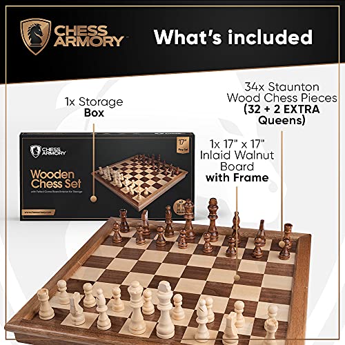 Chess Armory Wooden Chess Set – 17-Inch Large Chess Board with Felted Storage Box, Extra Queens & Handcrafted Staunton Pieces