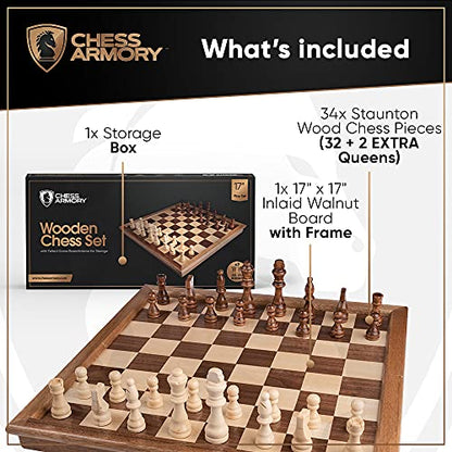 Chess Armory Wooden Chess Set – 17-Inch Large Chess Board with Felted Storage Box, Extra Queens & Handcrafted Staunton Pieces