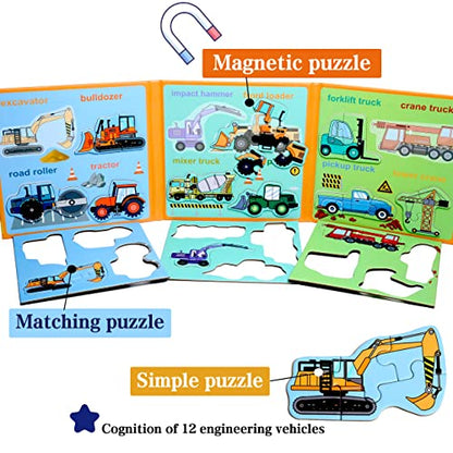 Magnetic Puzzles for Kids Ages 3-5, Travel Toddler Puzzles Ages 4-6 Year, Excavator Refrigerator Magnet for Kids Learning Gift for Road Trip, Activities Toys for 3 4 5 6 Year Old Boys Birthday Gifts - style: Engineering vehicle
