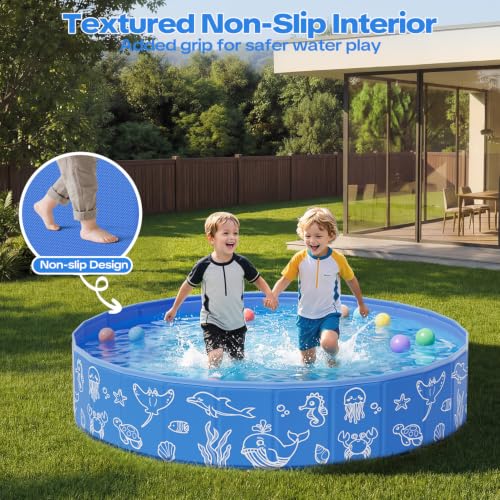 63in Kiddie Pool with Canopy, Foldable Kids Pool with Detachable UPF 50+ Sunshade, Portable Non-Slip Swimming Pool Dog Pool for Backyard, Beach, Outdoor Summer Water Play - size: 63IN