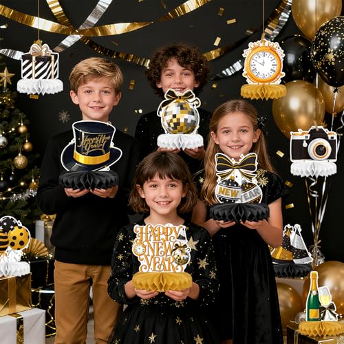 Happy New Year Party Decorations Bundle - Includes New Years Eve Honeycomb Centerpieces ，New Year Table Toppers, for Classroom Decor, New Year & Birthday Party Supplies - style: New Year