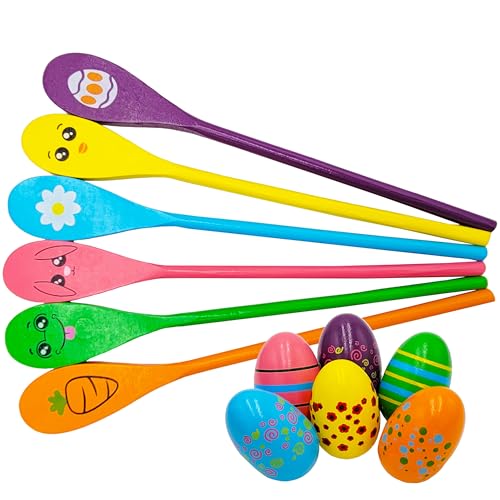 Painted Easter Egg and Spoon Race Game Set, Family Game for Kids & Family Activity Holiday Outdoor Yard Easter Egg Hunt Birthday Party Front Lawn - style: 6 Players