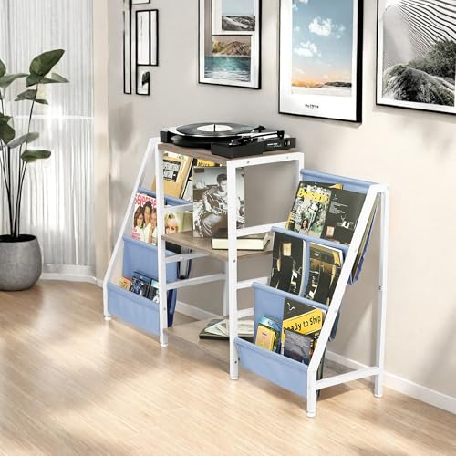 Homy Casa Audio-Visual Shelving Unit – Metal Frame with Wood Shelves & Fabric Bags – Compact AV Equipment Stand, Media Storage Rack for Gaming Accessories & Living Room Organization