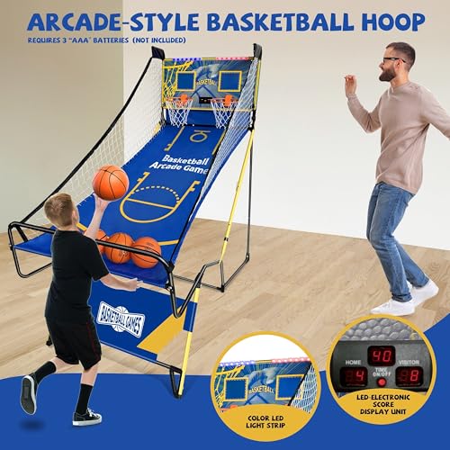Arcade Basketball Game,Foldable Indoor Dual Basketball Scoring System with Sound Effects,Pump and Dual HoopsGame Modes for Family Game