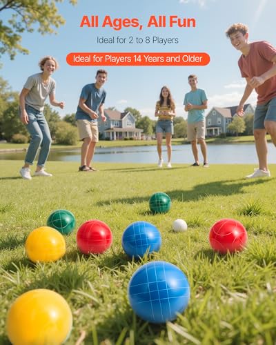 VEVOR Bocce Ball Set, 107 mm, with 8 Resin Balls, Pallino, Carrying Bag and Measuring Rope, Red/Green/Blue/Yellow 4 Colors, for 2 to 8 Players, Bocce Ball Game Set for Beach, Lawn, Family Backyard