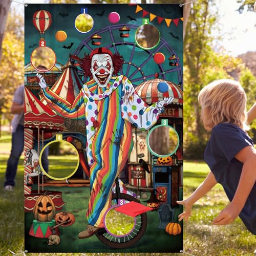 WovWeave Halloween Toss Game Banner with 3 Bean Bags Scary Clown Toss Banner Halloween Carnival Party Throwing Game for Kids Adults Trick or Teat Circus Party Favors Supplies