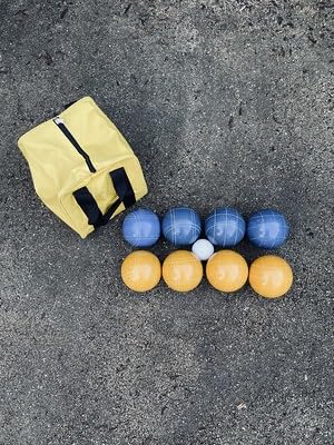 BuyBocceBalls Listing - Made in USA, Premium Quality Official Tournament Bocce Set - 107mm Blue and Dark Yellow Balls Nylon Bag; Regulation Size Balls 920 Grams (2 lbs. 1 oz.)