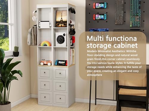 73" Tall Slim Storage Cabinet, Antique White Media Console with 3 Drawers and Display Shelves, Narrow Bookcase for CDs DVDs Game Console, Space Saving Storage for Living Room Bedroom