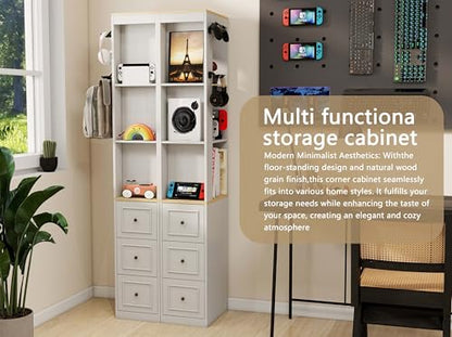 73" Tall Slim Storage Cabinet, Antique White Media Console with 3 Drawers and Display Shelves, Narrow Bookcase for CDs DVDs Game Console, Space Saving Storage for Living Room Bedroom