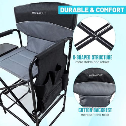 Tall Folding Director Chair 30.7" Seat Height Foldable Bar Stool for Makeup Artist Face Painting with Side Table Carry Bag and Cosmetic Bag Supports 350LBS - color: Grey-padded