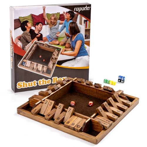 ropoda 14 Inches 4-Way Shut The Box Game (2-4 Players) for Kids & Adults (4 Sided Large Shut the Board Game Wooden, 8 Dice) – Vintage Style,Close the Box Game,dice Game