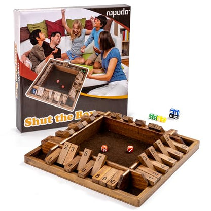 ropoda 14 Inches 4-Way Shut The Box Game (2-4 Players) for Kids & Adults (4 Sided Large Shut the Board Game Wooden, 8 Dice) – Vintage Style,Close the Box Game,dice Game