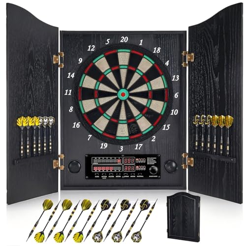 Electronic Dart Board, Decorative Dart Board Cabinet Set for Adults [12*Bronze Soft Tip Darts] [Cricket Game Mode]- Wooden Electric Dartboard Cabinet for Family Game Rooms - style: BLACK