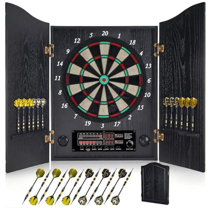 Electronic Dart Board, Decorative Dart Board Cabinet Set for Adults [12*Bronze Soft Tip Darts] [Cricket Game Mode]- Wooden Electric Dartboard Cabinet for Family Game Rooms - style: BLACK