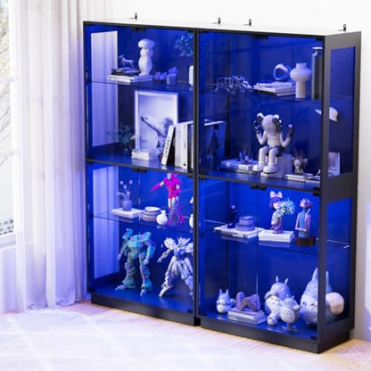 Display Cabinet with Glass Doors 4 Tier Glass Display Case with RGB LED Lights Display Cases for Collectibles Adjustable Shelves Display Case, for Game Room, Living Room, Bedroom, Black - color: Black