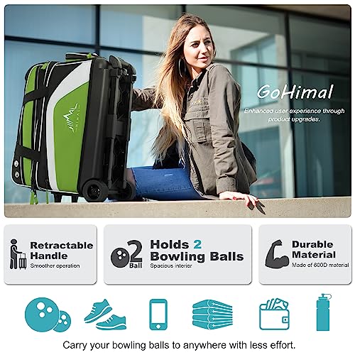 GoHimal Double Roller Bowling Bag, Shoe Compartment, Upgraded Fabric | Fits US men's size 15 shoes,multi pockets,retractable handle extends to 40",smooth-rolling wheels,lightweight design - color: Black-Green