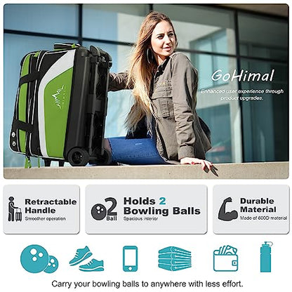 GoHimal Double Roller Bowling Bag, Shoe Compartment, Upgraded Fabric | Fits US men's size 15 shoes,multi pockets,retractable handle extends to 40",smooth-rolling wheels,lightweight design - color: Black-Green