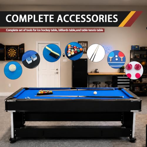 4-in-1 Multi Game Table – Pool Table,Air Hockey Table,Ping Pong Table & Dining Table Combo with Flip-Top Design,Includes Full Accessories.7ft Billiard Tables for Living Room,Bar,and Game Room.